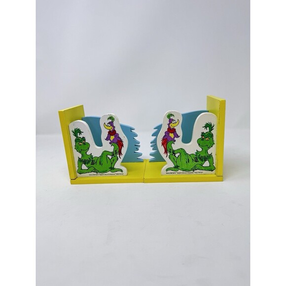 Vintage Dr. Seuss The Grinch & Bird Wood Bookends Set Child Reading Book Storage - Picture 2 of 10